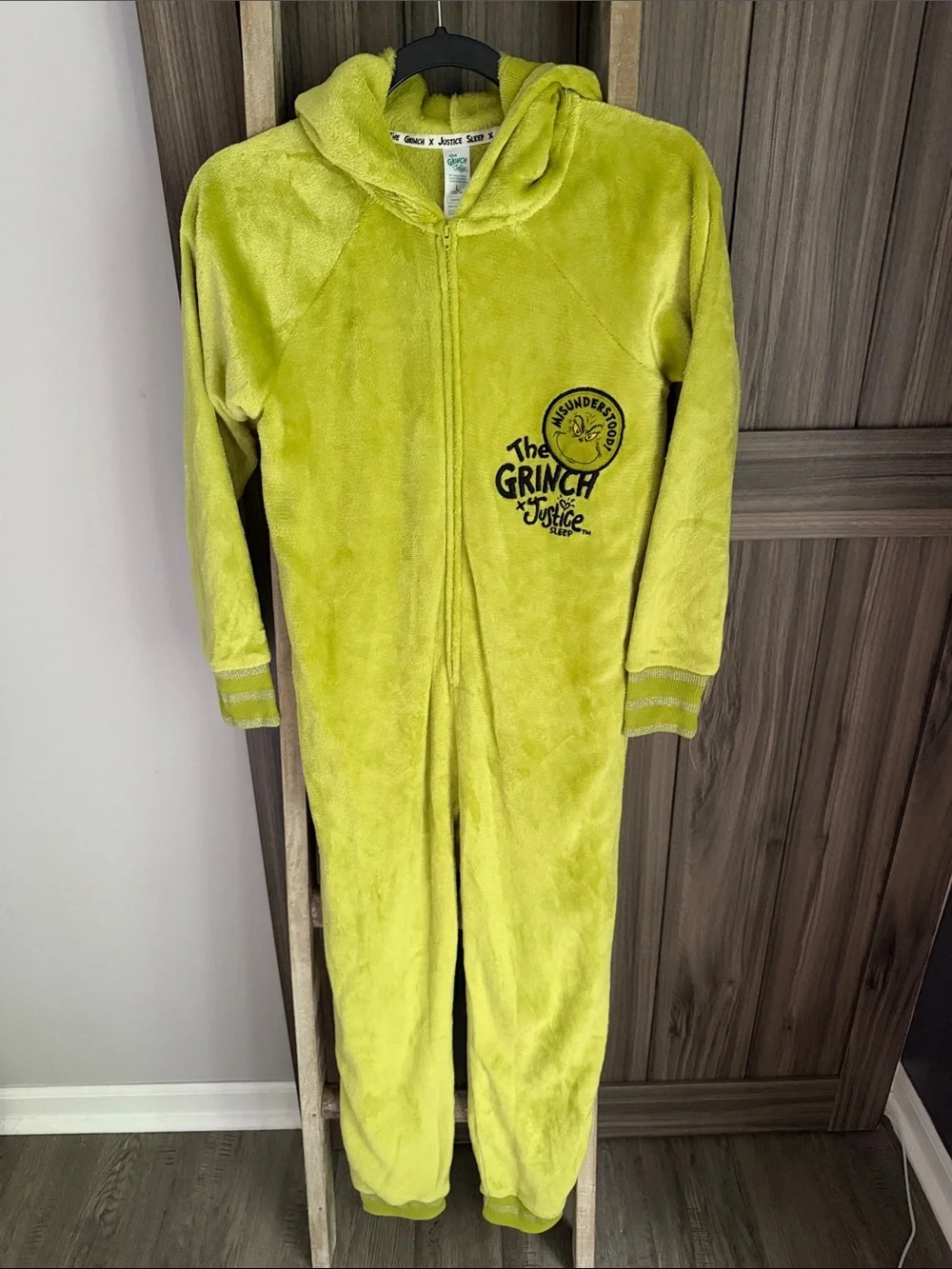 Justice The Grinch Lime Green Hooded Plush One-Piece Pajamas